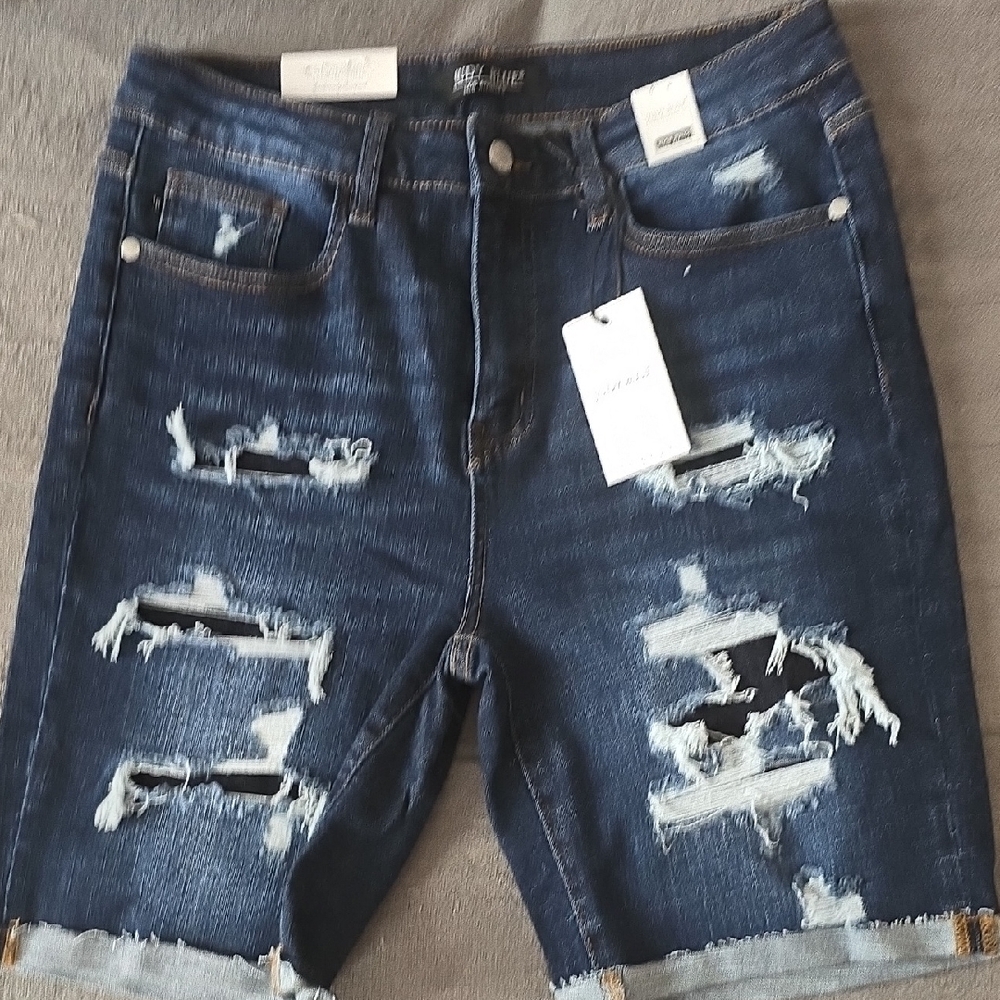 Judy Blue Distressed Denim Shorts - Dark Blue